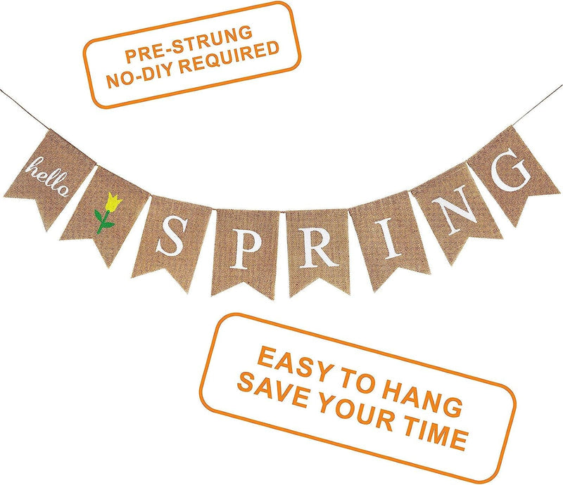 Hello Spring Banner Burlap, Spring Decorations for Home, Rustic Spring Banner Garland, Mantel Fireplace Hanging Decor for Easter Party Indoor Outdoor Decor Favors Photo Props Home & Garden > Decor > Seasonal & Holiday Decorations ANOTION   