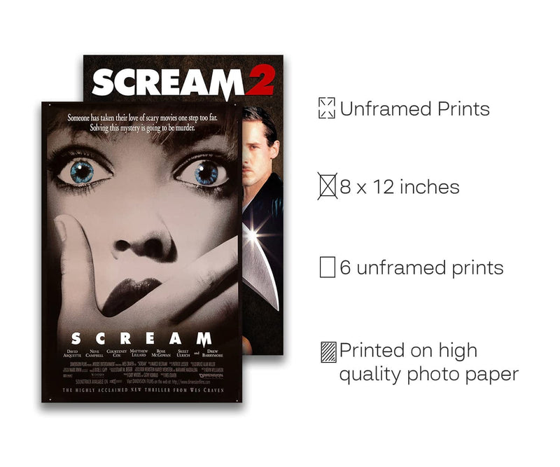 Herzii Prints Scream Poster - Set of 6 8X12 Inches Horror Movie Poster, Scream Room Decor - Wall Art Posters for Home Living Room Bedroom UNFRAMED Home & Garden > Decor > Artwork > Posters, Prints, & Visual Artwork HerZii Prints   