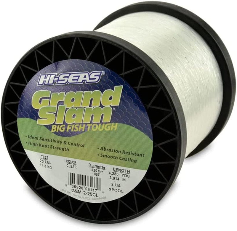 HI-SEAS Grand Slam Monofilament Fishing Line - Strong & Abrasion Resistant in Clear, Pink, Green, Smoke Blue, Fluorescent Yellow Freshwater & Saltwater - 2 Lb Spool Sporting Goods > Outdoor Recreation > Fishing > Fishing Lines & Leaders Hi-Seas Clear 25 Lb Test, 0.50 Mm Dia, 4280 Yd 