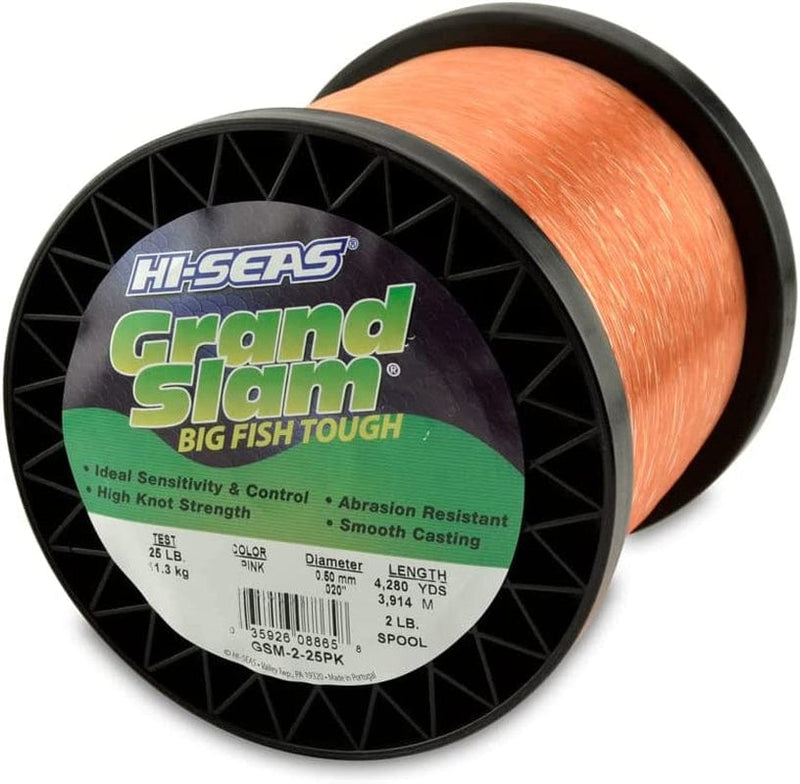 HI-SEAS Grand Slam Monofilament Fishing Line - Strong & Abrasion Resistant in Clear, Pink, Green, Smoke Blue, Fluorescent Yellow Freshwater & Saltwater - 2 Lb Spool Sporting Goods > Outdoor Recreation > Fishing > Fishing Lines & Leaders Hi-Seas Pink 25 Lb Test, 0.50 Mm Dia, 4280 Yd 