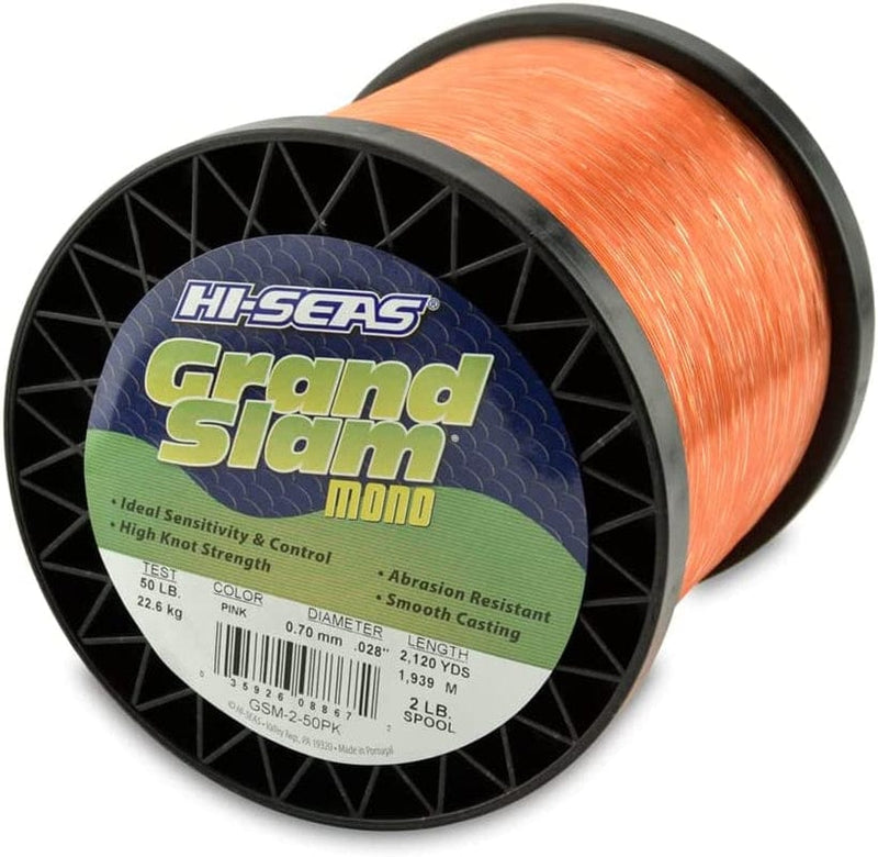 HI-SEAS Grand Slam Monofilament Fishing Line - Strong & Abrasion Resistant in Clear, Pink, Green, Smoke Blue, Fluorescent Yellow Freshwater & Saltwater - 2 Lb Spool Sporting Goods > Outdoor Recreation > Fishing > Fishing Lines & Leaders Hi-Seas Pink 50 Lb Test, 0.70 Mm Dia, 2120 Yd 