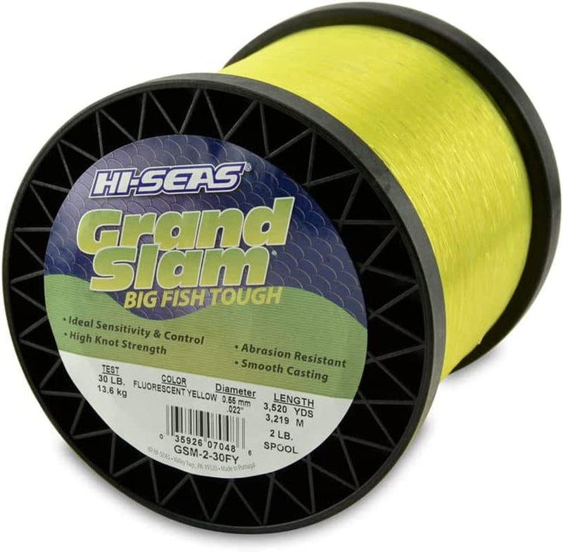 HI-SEAS Grand Slam Monofilament Fishing Line - Strong & Abrasion Resistant in Clear, Pink, Green, Smoke Blue, Fluorescent Yellow Freshwater & Saltwater - 2 Lb Spool Sporting Goods > Outdoor Recreation > Fishing > Fishing Lines & Leaders Hi-Seas Flourescent Yellow 30 Lb Test, 0.55 Mm Dia, 3520 Yd 