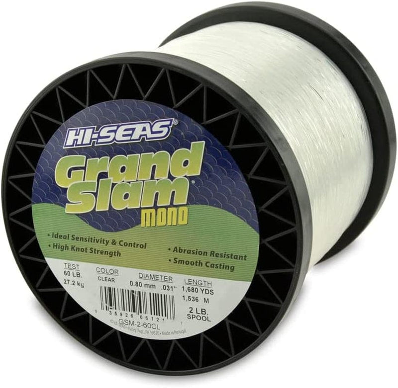 HI-SEAS Grand Slam Monofilament Fishing Line - Strong & Abrasion Resistant in Clear, Pink, Green, Smoke Blue, Fluorescent Yellow Freshwater & Saltwater - 2 Lb Spool Sporting Goods > Outdoor Recreation > Fishing > Fishing Lines & Leaders Hi-Seas Clear 60 Lb Test, 0.80 Mm Dia, 1680 Yd 