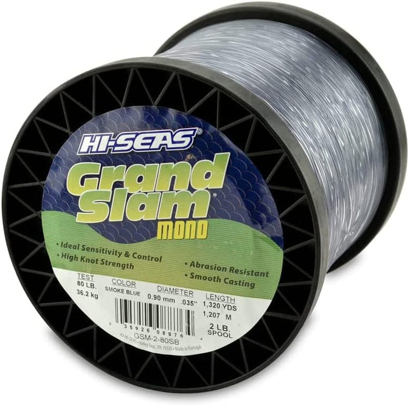 HI-SEAS Grand Slam Monofilament Fishing Line - Strong & Abrasion Resistant in Clear, Pink, Green, Smoke Blue, Fluorescent Yellow Freshwater & Saltwater - 2 Lb Spool Sporting Goods > Outdoor Recreation > Fishing > Fishing Lines & Leaders Hi-Seas Smoke Blue 80 Lb Test, 0.90 Mm Dia, 1320 Yd 