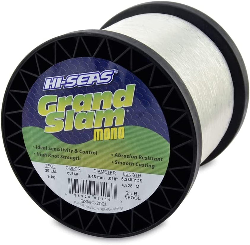 HI-SEAS Grand Slam Monofilament Fishing Line - Strong & Abrasion Resistant in Clear, Pink, Green, Smoke Blue, Fluorescent Yellow Freshwater & Saltwater - 2 Lb Spool Sporting Goods > Outdoor Recreation > Fishing > Fishing Lines & Leaders Hi-Seas Clear 20 Lb Test, 0.45 Mm Dia, 5280 Yd 