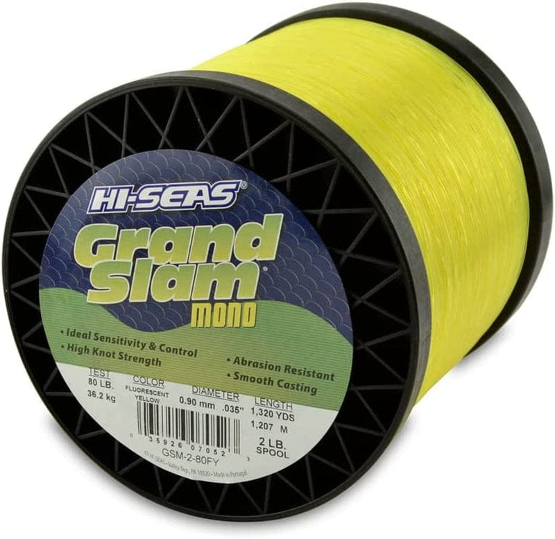 HI-SEAS Grand Slam Monofilament Fishing Line - Strong & Abrasion Resistant in Clear, Pink, Green, Smoke Blue, Fluorescent Yellow Freshwater & Saltwater - 2 Lb Spool Sporting Goods > Outdoor Recreation > Fishing > Fishing Lines & Leaders Hi-Seas Flourescent Yellow 80 Lb Test, 0.90 Mm Dia, 1320 Yd 