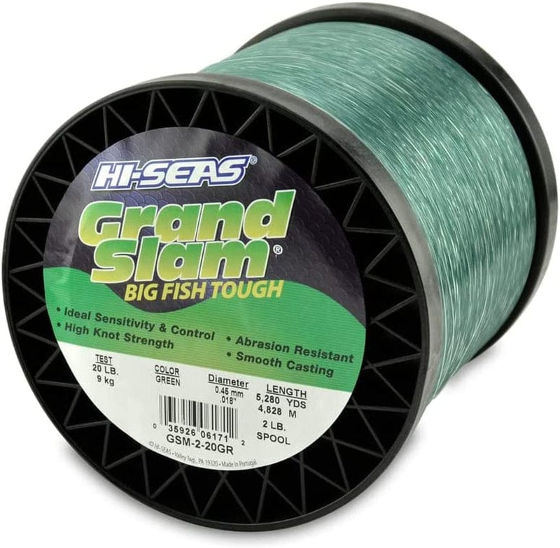 HI-SEAS Grand Slam Monofilament Fishing Line - Strong & Abrasion Resistant in Clear, Pink, Green, Smoke Blue, Fluorescent Yellow Freshwater & Saltwater - 2 Lb Spool Sporting Goods > Outdoor Recreation > Fishing > Fishing Lines & Leaders Hi-Seas Green 20 Lb Test, 0.45 Mm Dia, 5280 Yd 