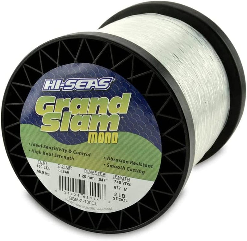 HI-SEAS Grand Slam Monofilament Fishing Line - Strong & Abrasion Resistant in Clear, Pink, Green, Smoke Blue, Fluorescent Yellow Freshwater & Saltwater - 2 Lb Spool Sporting Goods > Outdoor Recreation > Fishing > Fishing Lines & Leaders Hi-Seas Clear 130 Lb Test, 1.20 Mm Dia, 740 Yd 