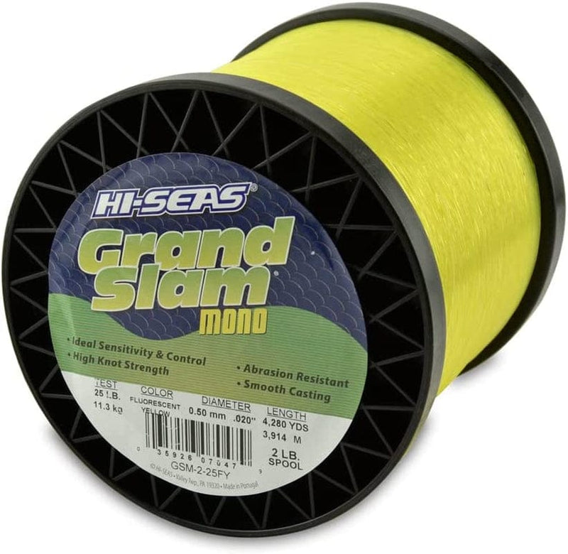 HI-SEAS Grand Slam Monofilament Fishing Line - Strong & Abrasion Resistant in Clear, Pink, Green, Smoke Blue, Fluorescent Yellow Freshwater & Saltwater - 2 Lb Spool Sporting Goods > Outdoor Recreation > Fishing > Fishing Lines & Leaders Hi-Seas Flourescent Yellow 25 Lb Test, 0.50 Mm Dia, 4280 Yd 
