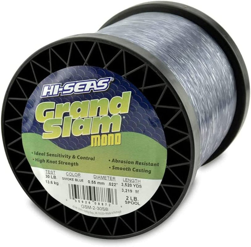 HI-SEAS Grand Slam Monofilament Fishing Line - Strong & Abrasion Resistant in Clear, Pink, Green, Smoke Blue, Fluorescent Yellow Freshwater & Saltwater - 2 Lb Spool Sporting Goods > Outdoor Recreation > Fishing > Fishing Lines & Leaders Hi-Seas Smoke Blue 30 Lb Test, 0.55 Mm Dia, 3520 Yd 
