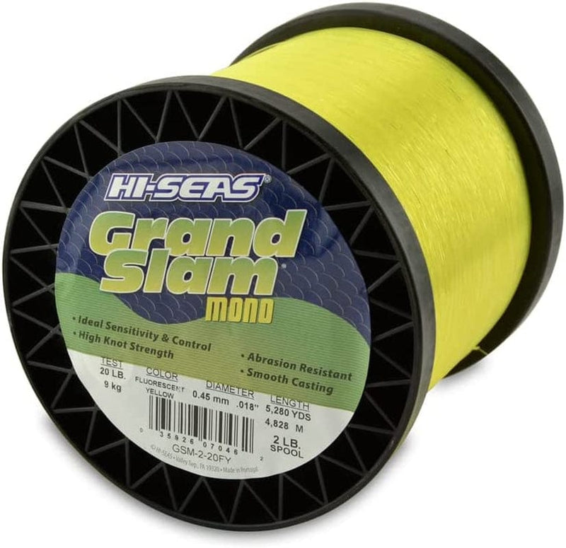 HI-SEAS Grand Slam Monofilament Fishing Line - Strong & Abrasion Resistant in Clear, Pink, Green, Smoke Blue, Fluorescent Yellow Freshwater & Saltwater - 2 Lb Spool Sporting Goods > Outdoor Recreation > Fishing > Fishing Lines & Leaders Hi-Seas Flourescent Yellow 20 Lb Test, 0.45 Mm Dia, 5280 Yd 