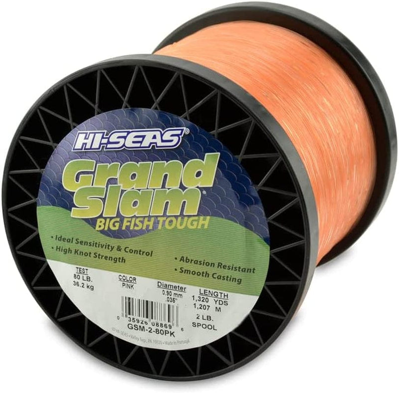 HI-SEAS Grand Slam Monofilament Fishing Line - Strong & Abrasion Resistant in Clear, Pink, Green, Smoke Blue, Fluorescent Yellow Freshwater & Saltwater - 2 Lb Spool Sporting Goods > Outdoor Recreation > Fishing > Fishing Lines & Leaders Hi-Seas Pink 80 Lb Test, 0.90 Mm Dia, 1320 Yd 