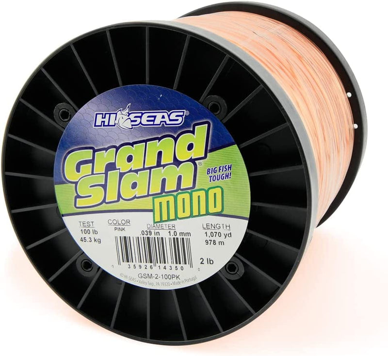 HI-SEAS Grand Slam Monofilament Fishing Line - Strong & Abrasion Resistant in Clear, Pink, Green, Smoke Blue, Fluorescent Yellow Freshwater & Saltwater - 2 Lb Spool Sporting Goods > Outdoor Recreation > Fishing > Fishing Lines & Leaders Hi-Seas Pink 100 Lb Test, 1.00 Mm Dia, 1070 Yd 