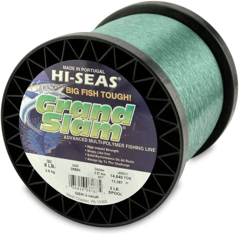HI-SEAS Grand Slam Monofilament Fishing Line - Strong & Abrasion Resistant in Clear, Pink, Green, Smoke Blue, Fluorescent Yellow Freshwater & Saltwater - 2 Lb Spool Sporting Goods > Outdoor Recreation > Fishing > Fishing Lines & Leaders Hi-Seas Green 8 Lb Test, 0.27 Mm Dia, 14640 Yd 