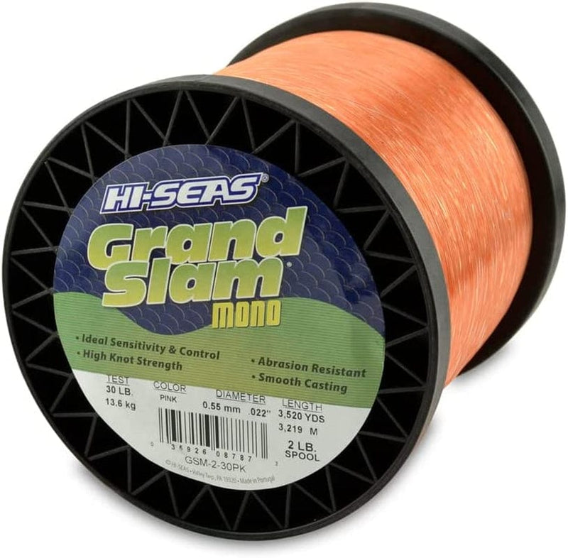 HI-SEAS Grand Slam Monofilament Fishing Line - Strong & Abrasion Resistant in Clear, Pink, Green, Smoke Blue, Fluorescent Yellow Freshwater & Saltwater - 2 Lb Spool Sporting Goods > Outdoor Recreation > Fishing > Fishing Lines & Leaders Hi-Seas Pink 30 Lb Test, 0.55 Mm Dia, 3520 Yd 