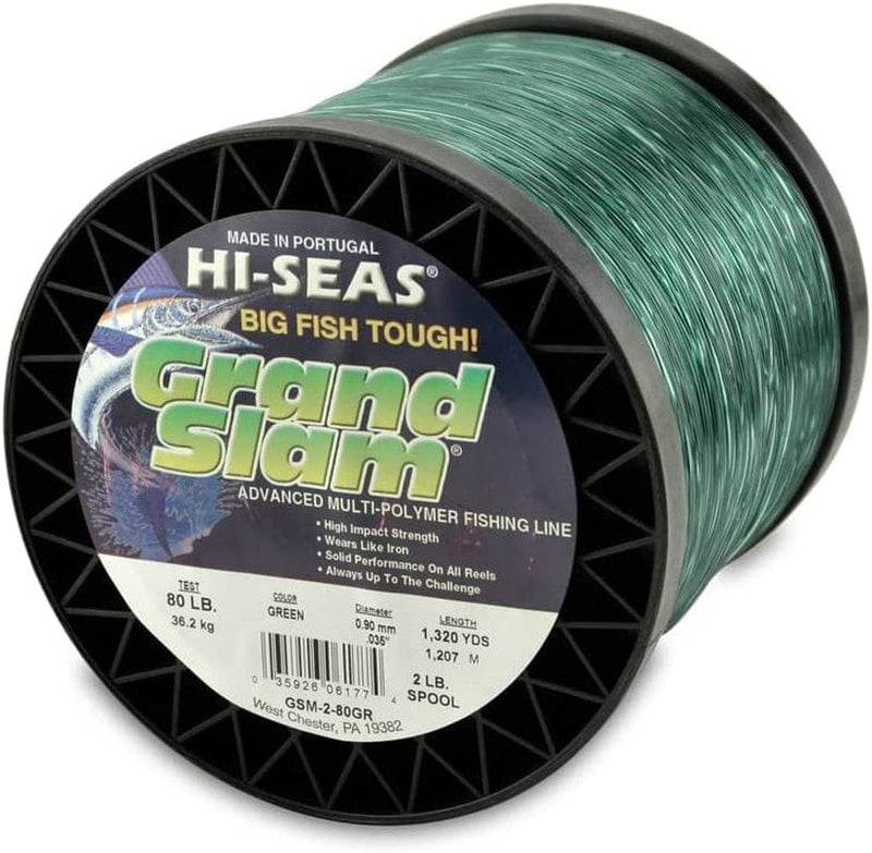 HI-SEAS Grand Slam Monofilament Fishing Line - Strong & Abrasion Resistant in Clear, Pink, Green, Smoke Blue, Fluorescent Yellow Freshwater & Saltwater - 2 Lb Spool Sporting Goods > Outdoor Recreation > Fishing > Fishing Lines & Leaders Hi-Seas Green 80 Lb Test, 0.90 Mm Dia, 1320 Yd 