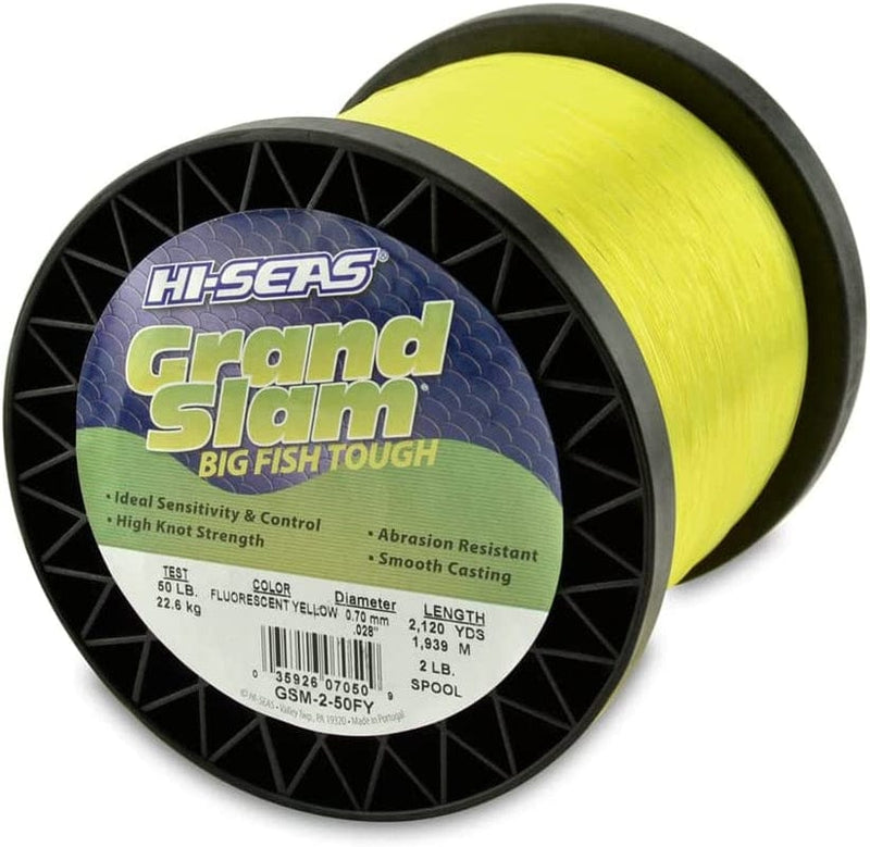 HI-SEAS Grand Slam Monofilament Fishing Line - Strong & Abrasion Resistant in Clear, Pink, Green, Smoke Blue, Fluorescent Yellow Freshwater & Saltwater - 2 Lb Spool Sporting Goods > Outdoor Recreation > Fishing > Fishing Lines & Leaders Hi-Seas Flourescent Yellow 50 Lb Test, 0.70 Mm Dia, 2120 Yd 