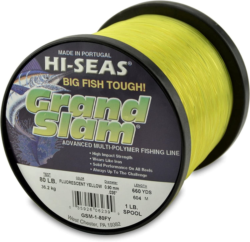 HI-SEAS Grand Slam Monofilament Fishing Line - Strong & Abrasion Resistant in Clear, Pink, Green, Smoke Blue, Fluorescent Yellow Freshwater & Saltwater - 2 Lb Spool Sporting Goods > Outdoor Recreation > Fishing > Fishing Lines & Leaders Hi-Seas Flourescent Yellow 60 Lb Test, 0.80 Mm Dia, 1680 Yd 