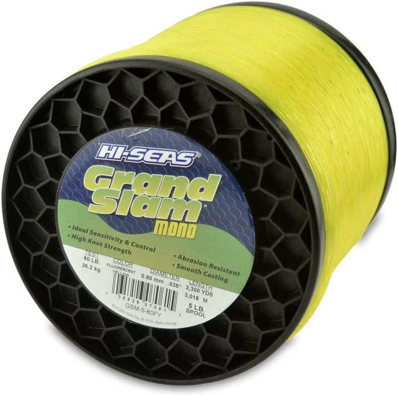 HI-SEAS Grand Slam Monofilament Fishing Line - Strong & Abrasion Resistant in Clear, Pink, Green, Smoke Blue, Fluorescent Yellow Freshwater & Saltwater - 5 Lb Spool Sporting Goods > Outdoor Recreation > Fishing > Fishing Lines & Leaders Hi-Seas Flourescent Yellow 80 Lb Test, 0.90 Mm Dia, 3300 Yd 