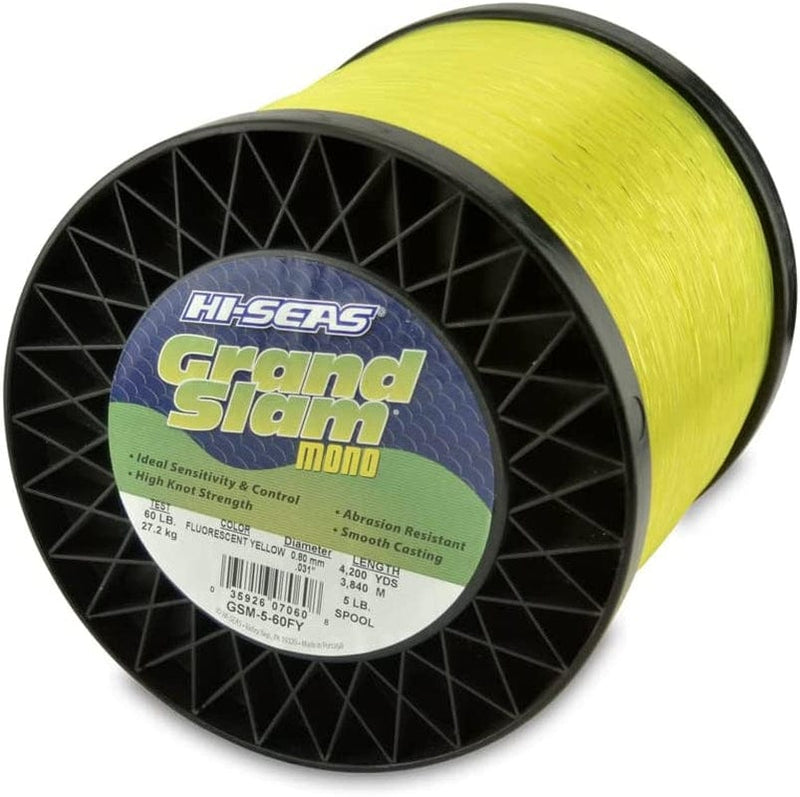 HI-SEAS Grand Slam Monofilament Fishing Line - Strong & Abrasion Resistant in Clear, Pink, Green, Smoke Blue, Fluorescent Yellow Freshwater & Saltwater - 5 Lb Spool Sporting Goods > Outdoor Recreation > Fishing > Fishing Lines & Leaders Hi-Seas Flourescent Yellow 60 Lb Test, 0.80 Mm Dia, 4200 Yd 