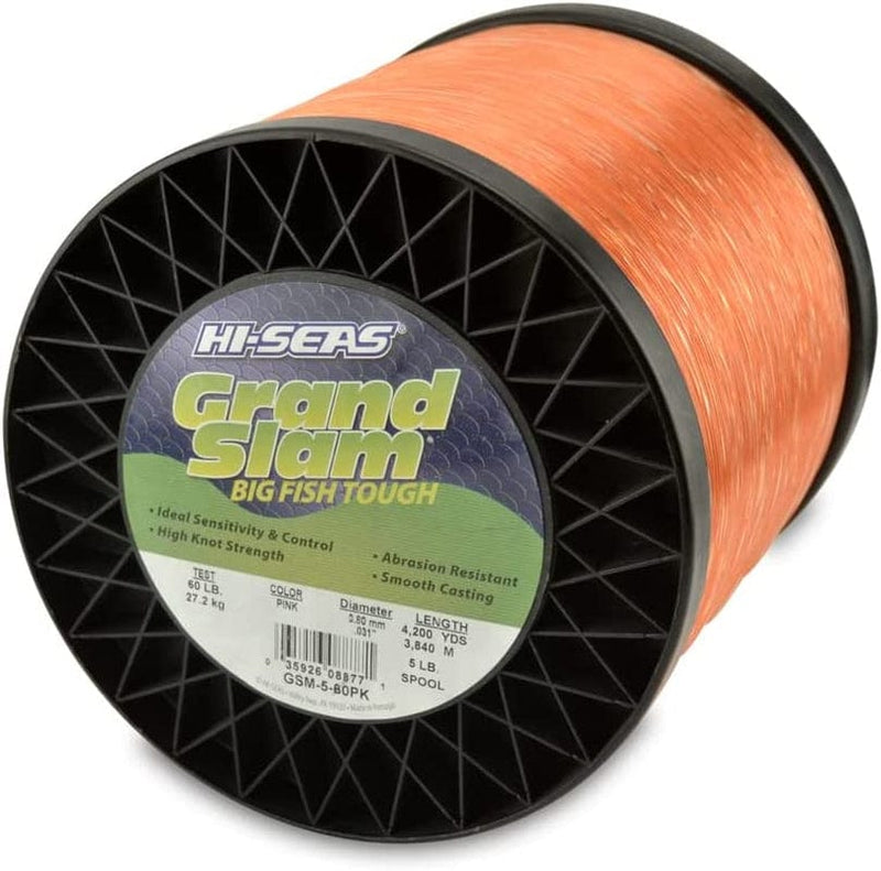 HI-SEAS Grand Slam Monofilament Fishing Line - Strong & Abrasion Resistant in Clear, Pink, Green, Smoke Blue, Fluorescent Yellow Freshwater & Saltwater - 5 Lb Spool Sporting Goods > Outdoor Recreation > Fishing > Fishing Lines & Leaders Hi-Seas Pink 60 Lb Test, 0.80 Mm Dia, 4200 Yd 
