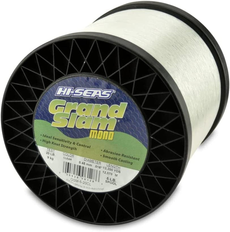 HI-SEAS Grand Slam Monofilament Fishing Line - Strong & Abrasion Resistant in Clear, Pink, Green, Smoke Blue, Fluorescent Yellow Freshwater & Saltwater - 5 Lb Spool Sporting Goods > Outdoor Recreation > Fishing > Fishing Lines & Leaders Hi-Seas Clear 20 Lb Test, 0.45 Mm Dia, 13200 Yd 