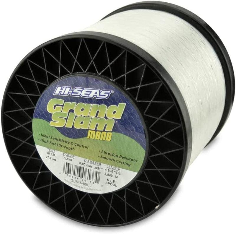 HI-SEAS Grand Slam Monofilament Fishing Line - Strong & Abrasion Resistant in Clear, Pink, Green, Smoke Blue, Fluorescent Yellow Freshwater & Saltwater - 5 Lb Spool Sporting Goods > Outdoor Recreation > Fishing > Fishing Lines & Leaders Hi-Seas Clear 60 Lb Test, 0.80 Mm Dia, 4200 Yd 