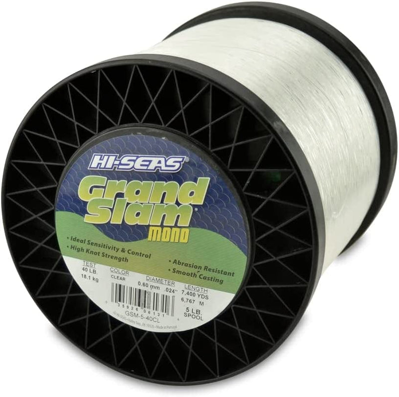 HI-SEAS Grand Slam Monofilament Fishing Line - Strong & Abrasion Resistant in Clear, Pink, Green, Smoke Blue, Fluorescent Yellow Freshwater & Saltwater - 5 Lb Spool Sporting Goods > Outdoor Recreation > Fishing > Fishing Lines & Leaders Hi-Seas Clear 40 Lb Test, 0.60 Mm Dia, 7400 Yd 