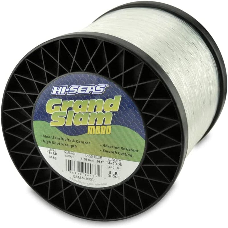 HI-SEAS Grand Slam Monofilament Fishing Line - Strong & Abrasion Resistant in Clear, Pink, Green, Smoke Blue, Fluorescent Yellow Freshwater & Saltwater - 5 Lb Spool Sporting Goods > Outdoor Recreation > Fishing > Fishing Lines & Leaders Hi-Seas Clear 150 Lb Test, 1.30 Mm Dia, 1575 Yd 