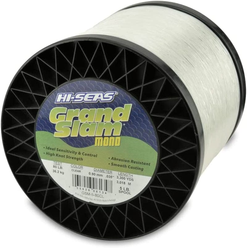HI-SEAS Grand Slam Monofilament Fishing Line - Strong & Abrasion Resistant in Clear, Pink, Green, Smoke Blue, Fluorescent Yellow Freshwater & Saltwater - 5 Lb Spool Sporting Goods > Outdoor Recreation > Fishing > Fishing Lines & Leaders Hi-Seas Clear 80 Lb Test, 0.90 Mm Dia, 3300 Yd 