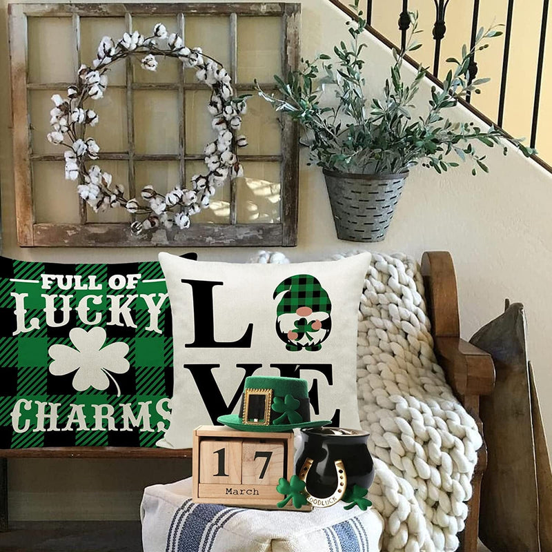 Hlonon St. Patrick’S Day Pillow Covers 18 X 18 Inches Set of 4 St. Patrick'S Day Decorations Buffalo Check Pillow Covers for Irish Shamrock Holiday Sofa Couch Bedroom Home Decor Home & Garden > Decor > Seasonal & Holiday Decorations Hlonon   