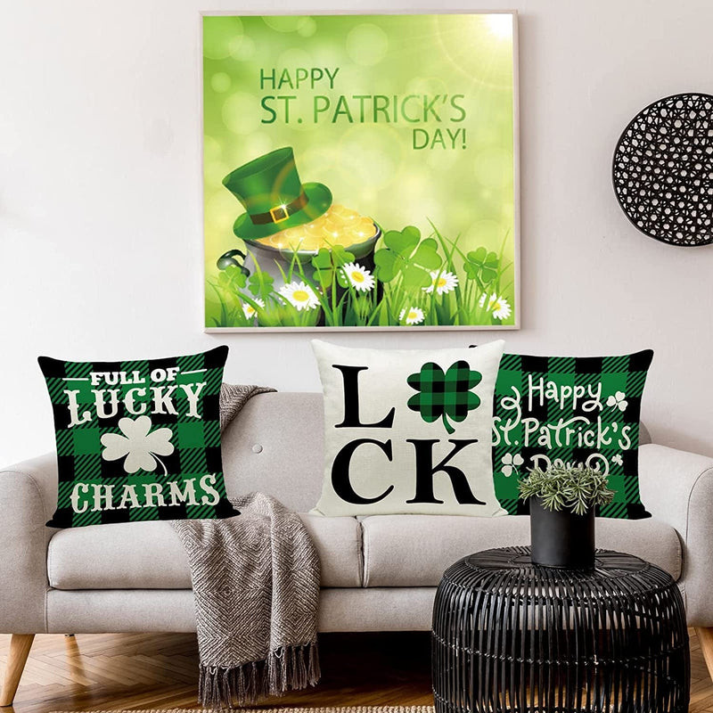 Hlonon St. Patrick’S Day Pillow Covers 18 X 18 Inches Set of 4 St. Patrick'S Day Decorations Buffalo Check Pillow Covers for Irish Shamrock Holiday Sofa Couch Bedroom Home Decor