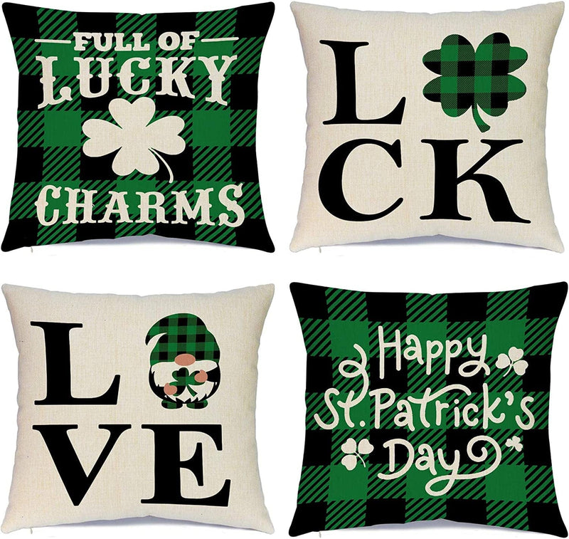 Hlonon St. Patrick’S Day Pillow Covers 18 X 18 Inches Set of 4 St. Patrick'S Day Decorations Buffalo Check Pillow Covers for Irish Shamrock Holiday Sofa Couch Bedroom Home Decor Home & Garden > Decor > Seasonal & Holiday Decorations Hlonon 18 x 18-Inch  
