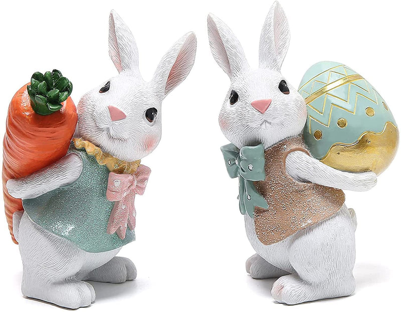 Hodao 5.5 Inch Polyresin Bunny Decorations Spring Easter Decors Figurines Tabletopper Decorations for Party Home Holiday Cute Rabbit Easter Gifts (Orange Blue)