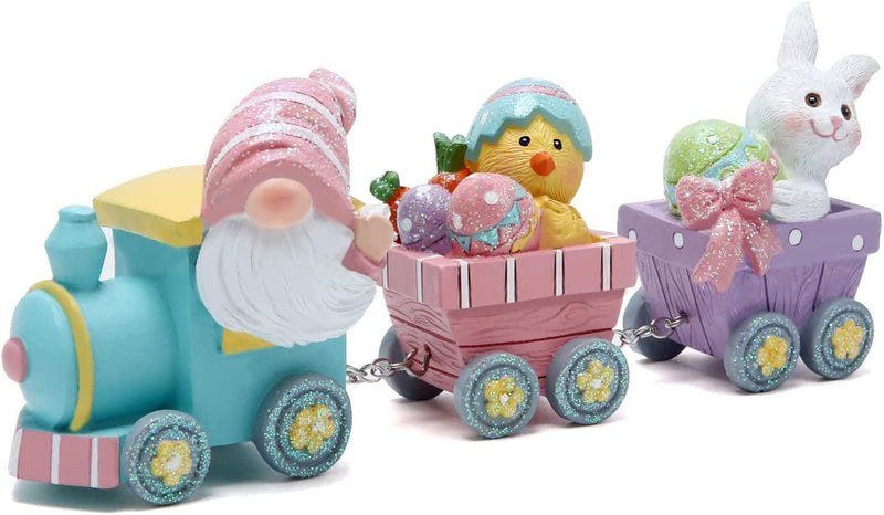 Hodao 8.75" Easter Day Gnomes Train Decorations Easter Train Figurines Spring Bunny Decor Handmade Train Figurines for Easter Decor Gift - Easter Party Table Top Figurines (Multicolor)