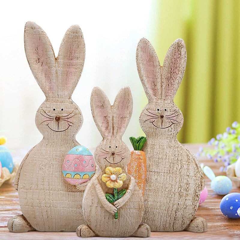 Hodao Set of 3 Easter Bunny Decorations Spring Easter Rabbit Decors Figurines Tabletopper Decorations for Party Home Holiday Cute Bunny Easter Day Decorations