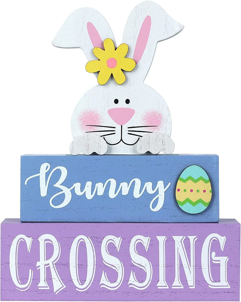 Hogardeck Easter Decorations for Home, Three-Layer Wood Sign Welcome Spring Wooden Block Set with Bow Farmhouse Table Centerpiece Eggs Easter Spring Decor for Tabletop Fireplace Tiered Tray Party Home & Garden > Decor > Seasonal & Holiday Decorations hogardeck blue purple  