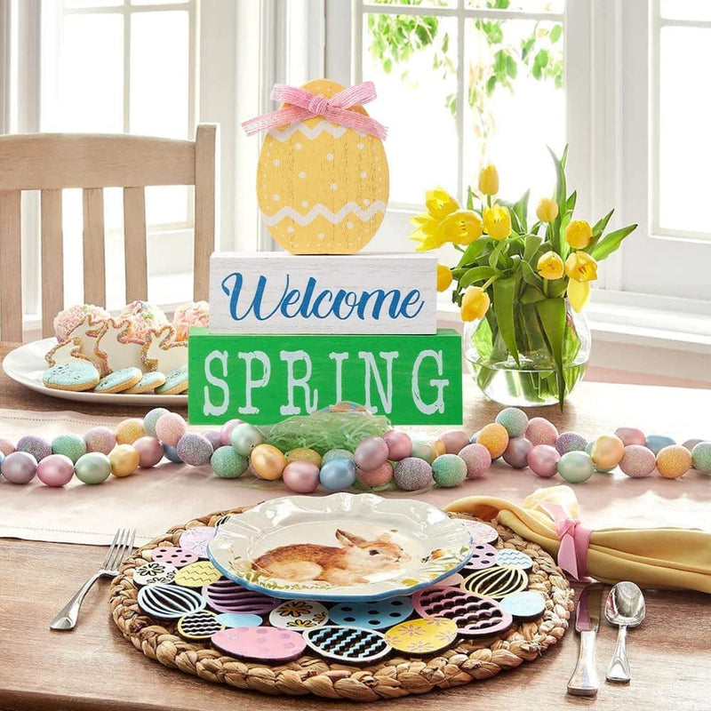 Hogardeck Easter Decorations for Home, Three-Layer Wood Sign Welcome Spring Wooden Block Set with Bow Farmhouse Table Centerpiece Eggs Easter Spring Decor for Tabletop Fireplace Tiered Tray Party