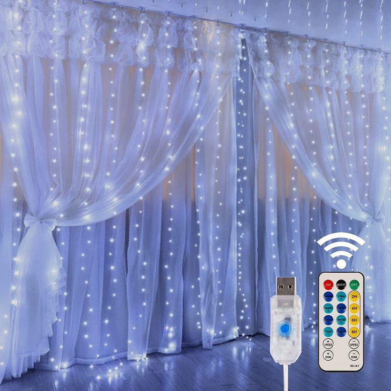 HOME LIGHTING Window Curtain String Lights, 300 LED 8 Lighting Modes Fairy Copper Light with Remote, USB Powered Waterproof for Christmas Bedroom Party Wedding Home Garden Wall Decorations, Multicolor