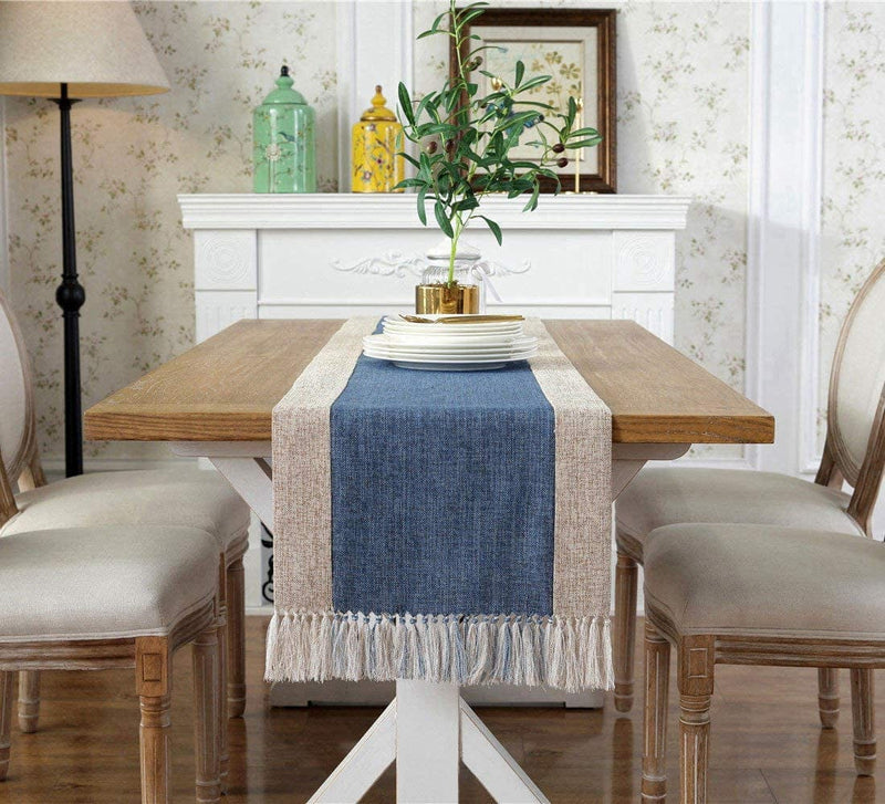 Homeyho Rustic Table Runner with Fringe Natural Home Table Runner Tea Party Table Runner Decorations Birthday Dinner Table Runner for Coffee Table Runner Long, 15 X 94 Inch, Blue Home & Garden > Decor > Seasonal & Holiday Decorations HomeyHo   