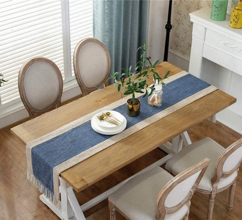Homeyho Rustic Table Runner with Fringe Natural Home Table Runner Tea Party Table Runner Decorations Birthday Dinner Table Runner for Coffee Table Runner Long, 15 X 94 Inch, Blue Home & Garden > Decor > Seasonal & Holiday Decorations HomeyHo   