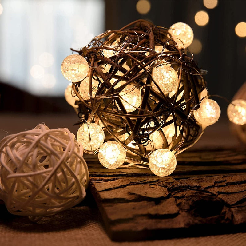 Hutools Globe String Lights for Bedroom, Decorative Lights, Christmas Lights, Crystal Crackle Ball Lights 10Ft 30 LED Soft White Battery Operated Fairy Lights Perfect for Valentine'S Day Decor
