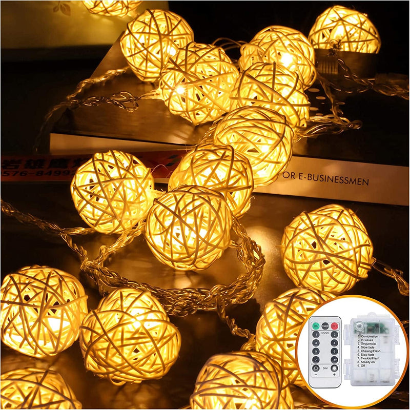 HYAL LUZ Battery Operated 20 LED String Lights, 16.4Ft 20 Globe Rattan Balls Christmas Light with Remote Control & Timer, Indoor Fairy String Lights Decorative for Bedroom Party Wedding (Warm White) Home & Garden > Lighting > Light Ropes & Strings HYAL LUZ   