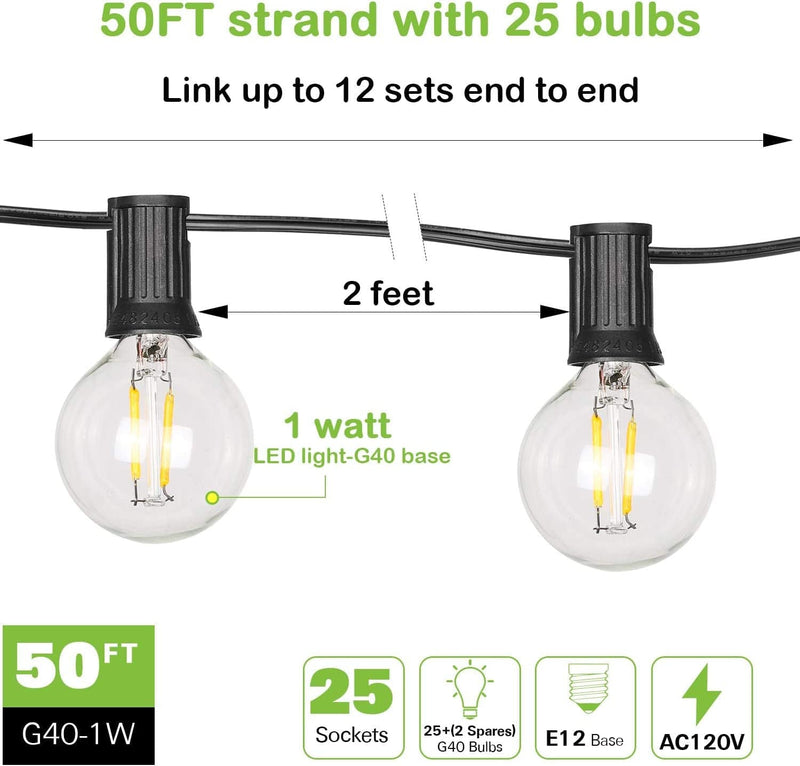 Hykolity 50FT LED Outdoor Globe String Lights with 25 Hanging Sockets, Dimmable 27X1W Vintage Edison Bulbs(2 Spare), Warm White Waterproof Patio String Lights for Garden Backyard Bistro Pergola Home & Garden > Lighting > Light Ropes & Strings hykolity   