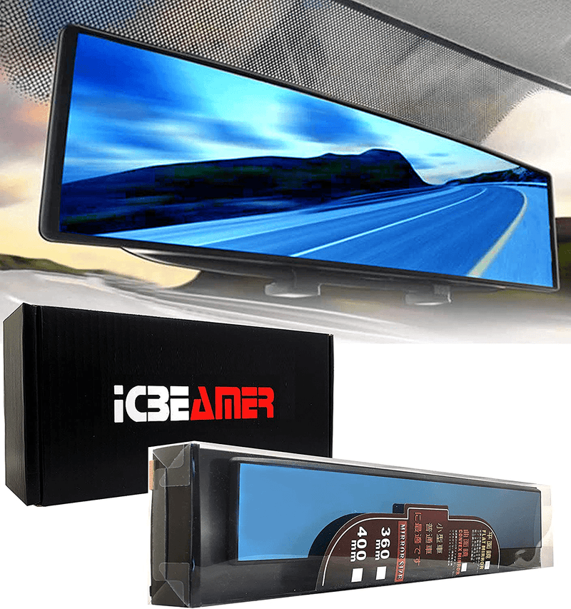 ICBEAMER 11.8" 300mm Easy Clip on Universal Fit Wide Angle Panoramic Auto Interior Rearview Mirror Flat Clear Surface Vehicles & Parts > Vehicle Parts & Accessories > Motor Vehicle Parts > Motor Vehicle Interior Fittings ICBEAMER Blue Tint Convex Surface 14.17" (360mm) 