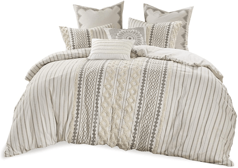 INK+IVY 100% Cotton Comforter Mid Century Modern Design All Season Bedding Set, Matching Shams, Full/Queen(88"x92"), Imani, Ivory Chenille Tufted Accent 3 Piece