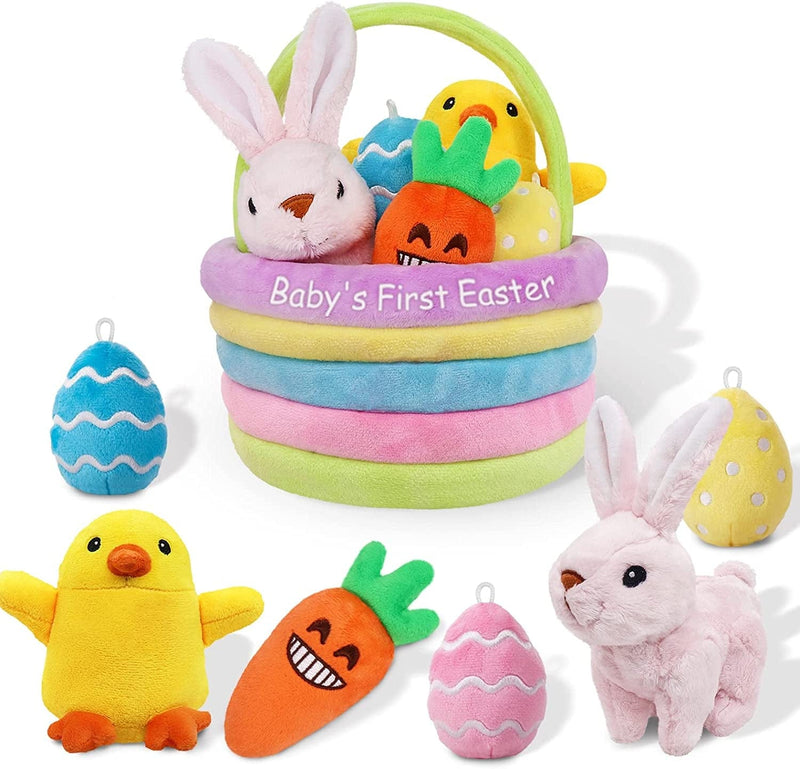 Ivenf Baby'S First Easter Basket Playset, 7Ct Stuffed Plush Bunny Chick Carrot Egg for Baby Girls Boys, Easter Theme Party Favors Stuffers Gifts, Easter Decorations Party Supplies