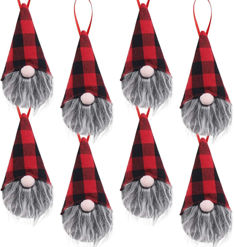 Ivenf Christmas Decorations, 8 Pack 5.5 Inches Handmade Plush Tomte Gnome Hanging Decorations, Swedish Scandinavian Santa with Buffalo Check Plaid Hat, Holiday Home Decor, Tree Ornaments Set