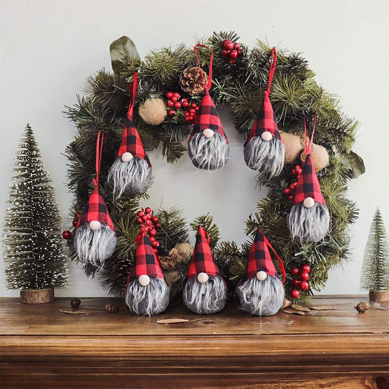 Ivenf Christmas Decorations, 8 Pack 5.5 Inches Handmade Plush Tomte Gnome Hanging Decorations, Swedish Scandinavian Santa with Buffalo Check Plaid Hat, Holiday Home Decor, Tree Ornaments Set Home & Garden > Decor > Seasonal & Holiday Decorations Ivenf   