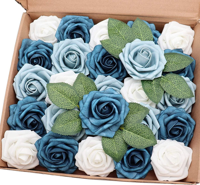 J-Rijzen Artificial Flowers 25PCS Real Looking White & Dusty Blue Shades Fake Roses with Stem for DIY Wedding Bouquets Centerpieces Baby Shower Party Home Decorations Home & Garden > Decor > Seasonal & Holiday Decorations J-Rijzen White & Dusty Blue Shades 3"/25pcs 